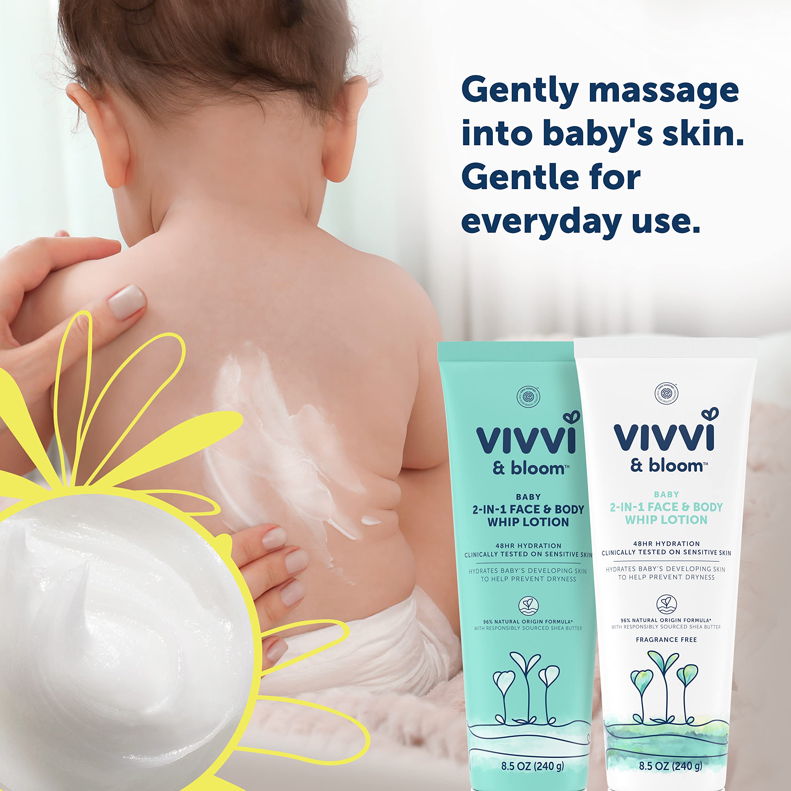 VIVVI & BLOOM 2-in-1 Baby Lotion, Face and Body, for Delicate & Sensitive Baby Skin, Hypoallergenic Lotion, Fragrance Free, 8.5 oz (Pack of 1)