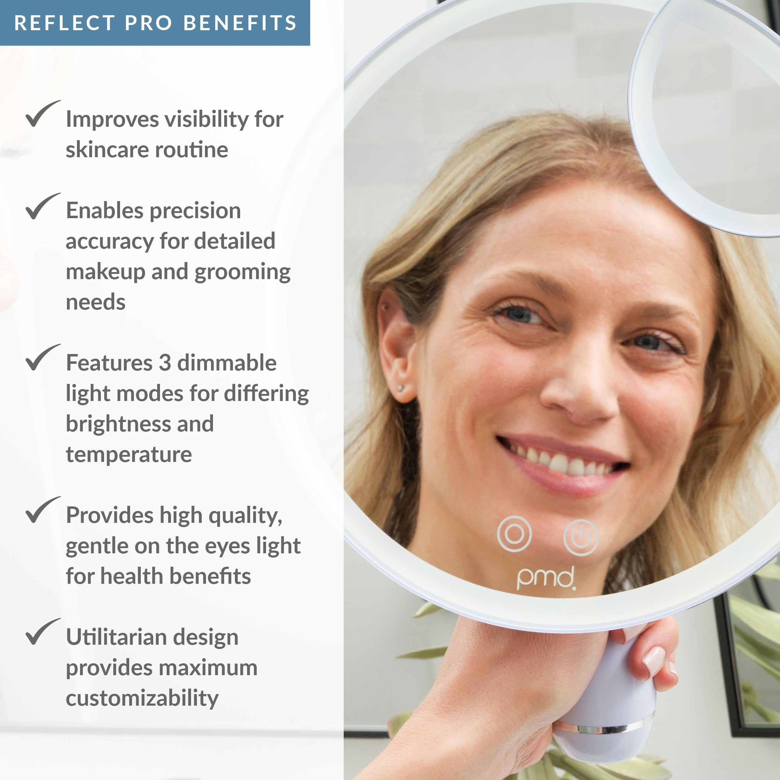 PMD Reflect Pro - Premium Beauty LED Mirror with TriLume Technology & Handheld Capabilities - Three Light Modes - 360° Rotation, 90° Tilt, & 5x Magnification - Travel Ready