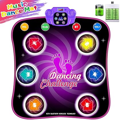 Dance Mat Toys for 3-12 Year Old Kids, Light Up Electronic Dance Mats with 6 Button Wireless Bluetooth 5 Game Modes and 4xAA Rechargeable Battery for 3 4 5 6 7 8 9 10+ Year Old Girls Birthday Gifts