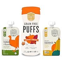 Serenity Kids Fall Harvest Flavors Baby Food and Snack Bundle | 6 Each of Pumpkin & Cinnamon Grain Free Puffs, Ethically Sourced Turkey & Rosemary Pouches, and Organic Squashes Pouches (18 Count)