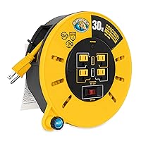 Camco 30-Ft 10 Amp RV Extension Cord Reel - Rated for 125V / 1,250W - Features 4 125V Electrical Outlets & 2 USB Ports - Includes On/Off Switch & Built-In Circuit Breaker (55290)