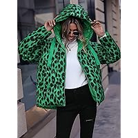 Jacket for Women - Leopard Print Zip Up Drawstring Hooded Reversible Puffer Coat (Color : Green, Size : Small)