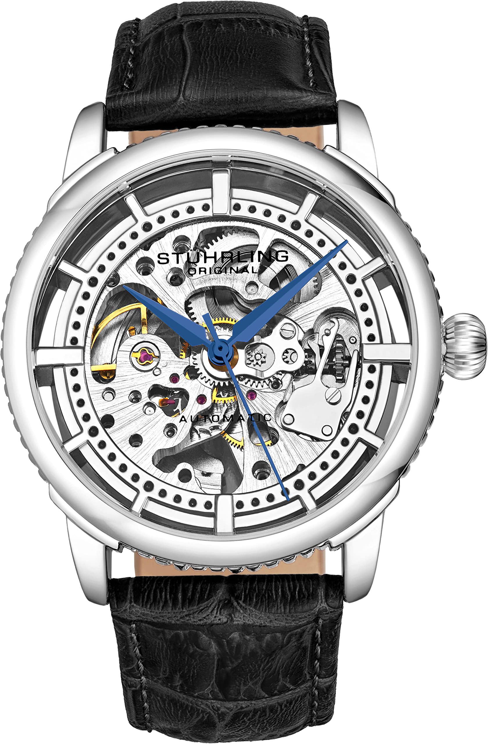 Stuhrling Original Mens Automatic Watch Skeleton Stainless Steel Self Winding Dress Watch with Premium Leather Band Legacy Collection