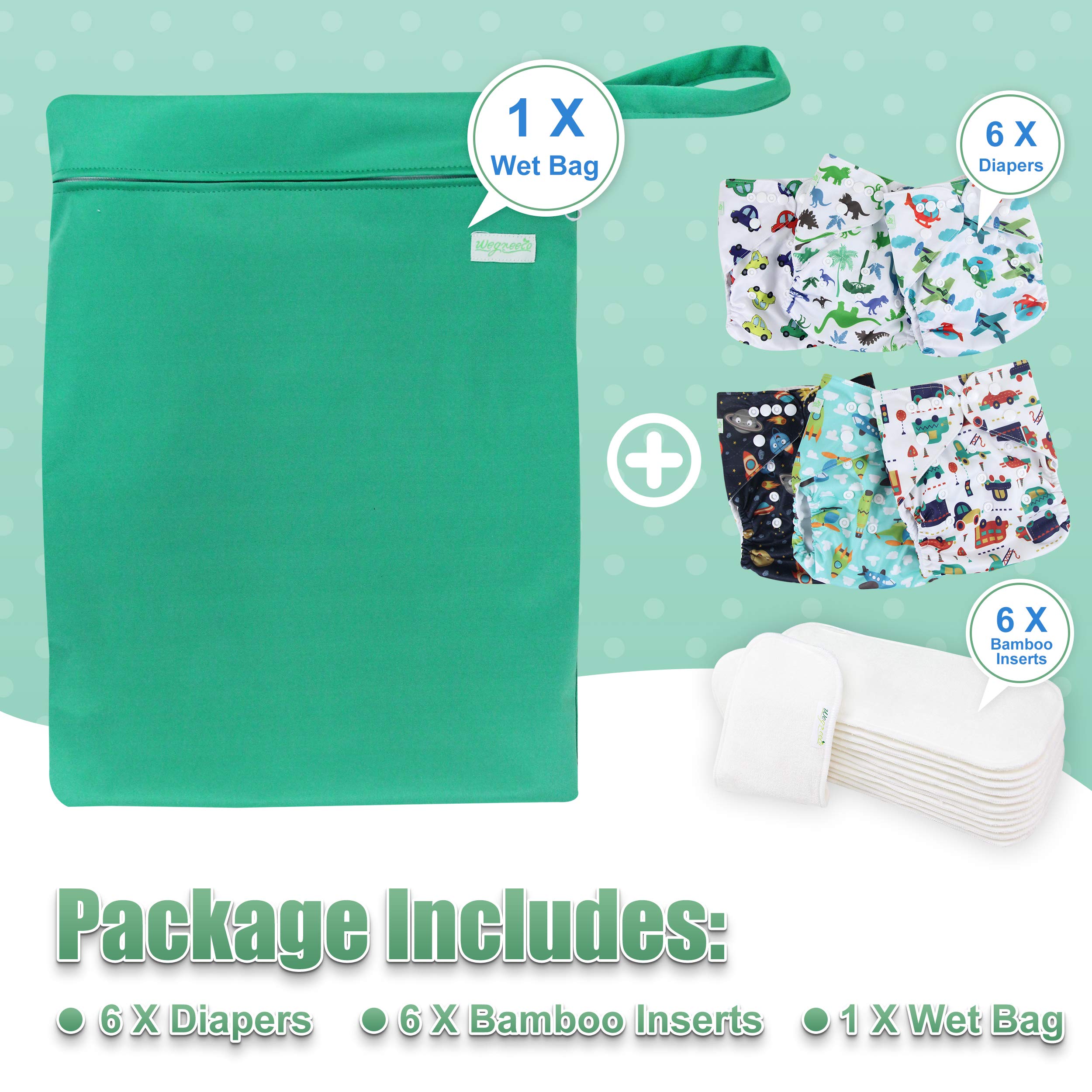 Wegreeco Washable Reusable Baby Cloth Pocket Diapers 6 Pack + 6 Bamboo Inserts (with 1 Wet Bag, Car, Airplane)