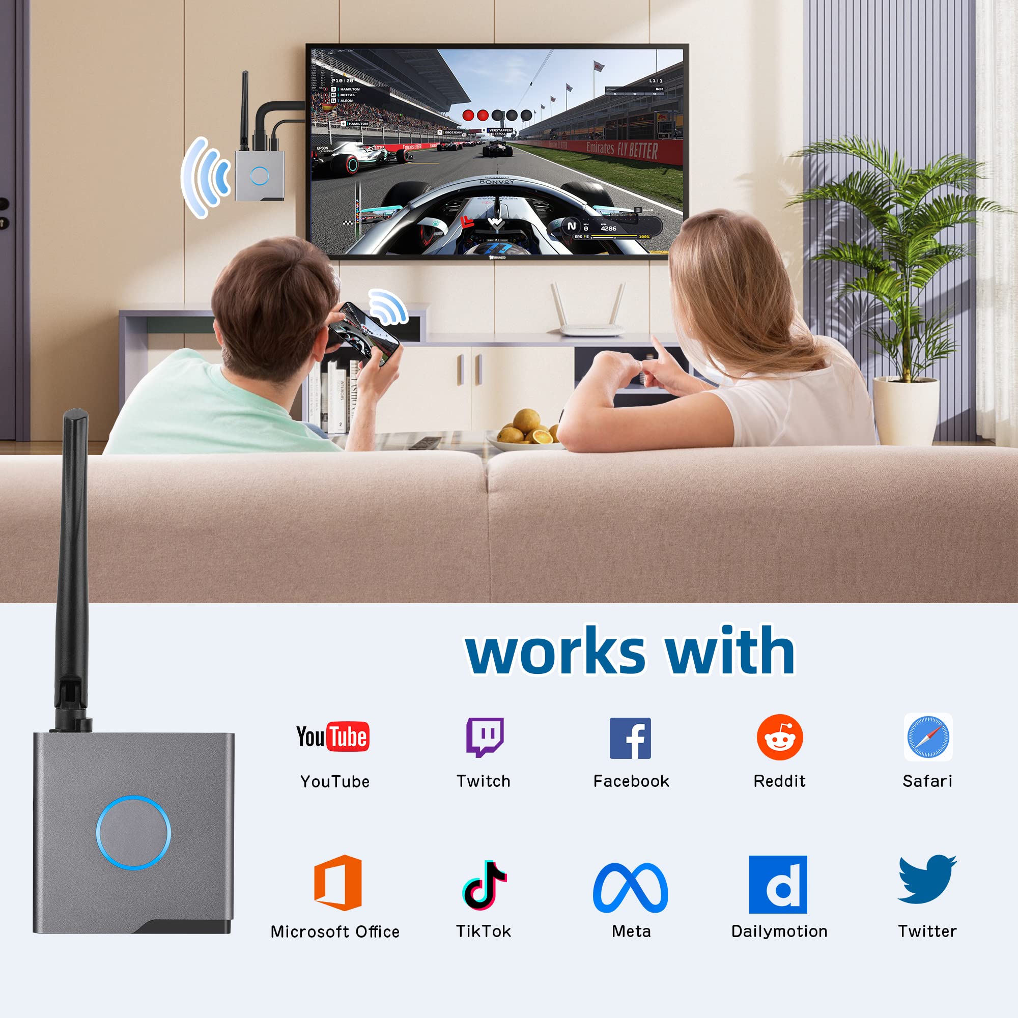 Wireless HDMI Display Dongle Adapter 4K, Wireless Receiver, Streaming Media Video/Audio/File HDMI Wireless Extender from Laptop, PC, Smartphone to HDTV Projector Monitor (Sliver) (Sliver)