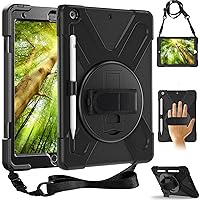 ZenRich iPad 9th/8th/7th Generation 10.2'' Case with [Pencil Holder] [Rotating Hand Strap &Stand][Shoulder Strap][Screen Protector] Rugged Shockproof Case for iPad 10.2 inch 2021/2020/2019,Black