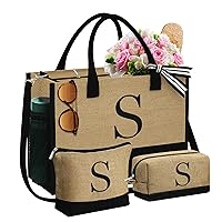 Gifts for Women - Initial Jute Tote Bag & 2 Makeup Bags Graduation Gifts Best Friend Birthday Gifts for Women Her
