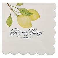 Christian Art Gifts Square Inspirational Scripture Paper Napkin Set for Home & Kitchen: Rejoice Always Bible Verse, Yellow Lemon & Green Fancy Scalloped Design, 3-Ply Disposable, 6.4