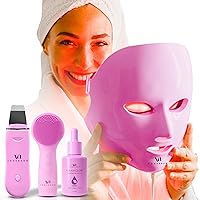 LED Face Mask Light Therapy Premium Spa Kit (4 Pcs) - With Ultrasonic Scrubber, Sonic Brush & Green Tea Serum - 7 Colors (Blue & Red) Light Therapy Mask -Spa Light Therapy Facial For Rejuvenation