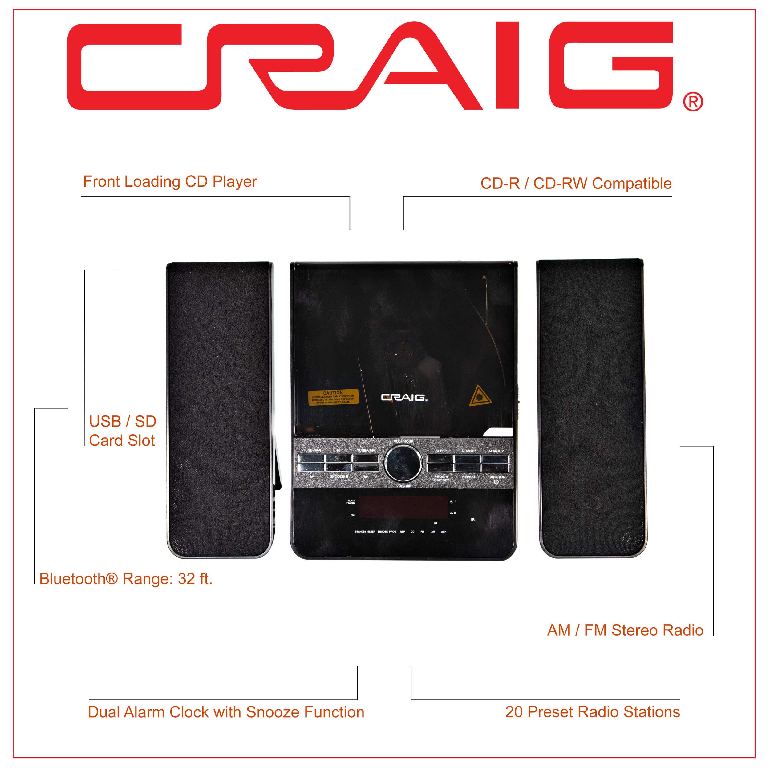 Craig CM427BT-BK 3-Piece Vertical CD Stereo Shelf System with AM/FM Radio, Bluetooth Wireless Technology & Remote Control in Black | LED Display | Dual Alarm Clock with Snooze | AUX Port Compatible |