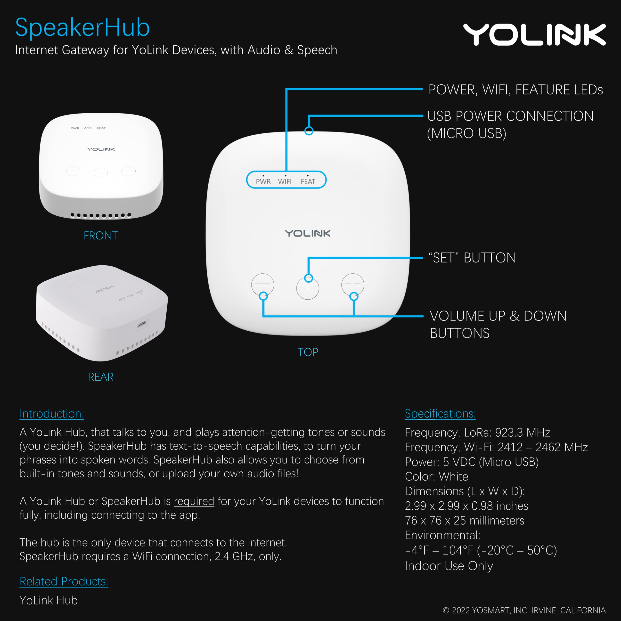 YoLink LoRa Smart Door Sensor Starter Kit: SpeakerHub Audio Hub & 2 Door Sensors - Up to 1/4 Mile Range, Door Left-Open Reminders, up to 5 Year Batteries, Alexa, IFTTT, Home Assistant