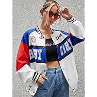 Women's Jackets Letter Graphic Colorblock Raglan Sleeve Varsity Jacket Lightweight Fashion (Color : White, Size : X-Small)