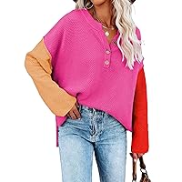 Women's V Neck Button Sweater Oversized Batwing Long Sleeve Henley Pullover Knit Jumper Top