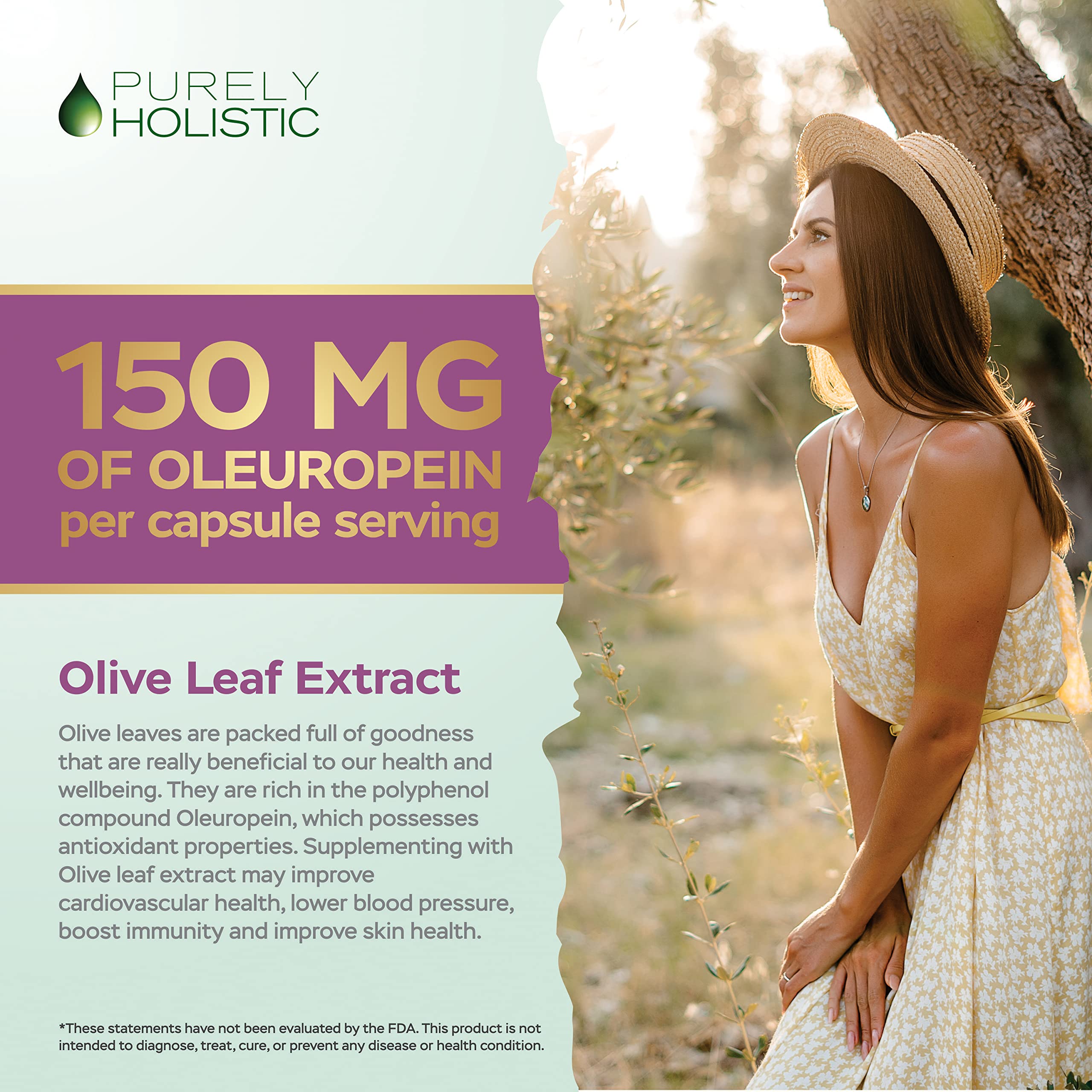 Purely Holistic Olive Leaf Extract 750mg (Non-GMO) Maximum Strength - 120 Vegan Capsules - 20% Oleuropein - 4 Month Supply - Immune System Support Supplement