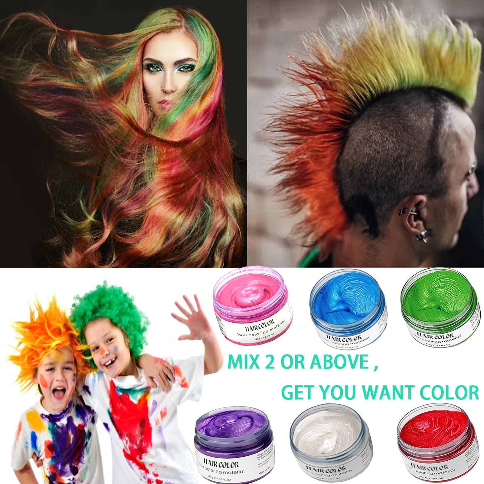 Blue Green Purple Red White Pink Hair Dye Temporary Hair Color Wax,Acosexy Fashion Colorful Hair Wax Pomades Disposable Natural Hair Strong Style Gel Cream Hair Dye,Instant Hairstyle Mud Cream for Party, Cosplay, Masquerade etc. (6 Color-Blue Green Purple