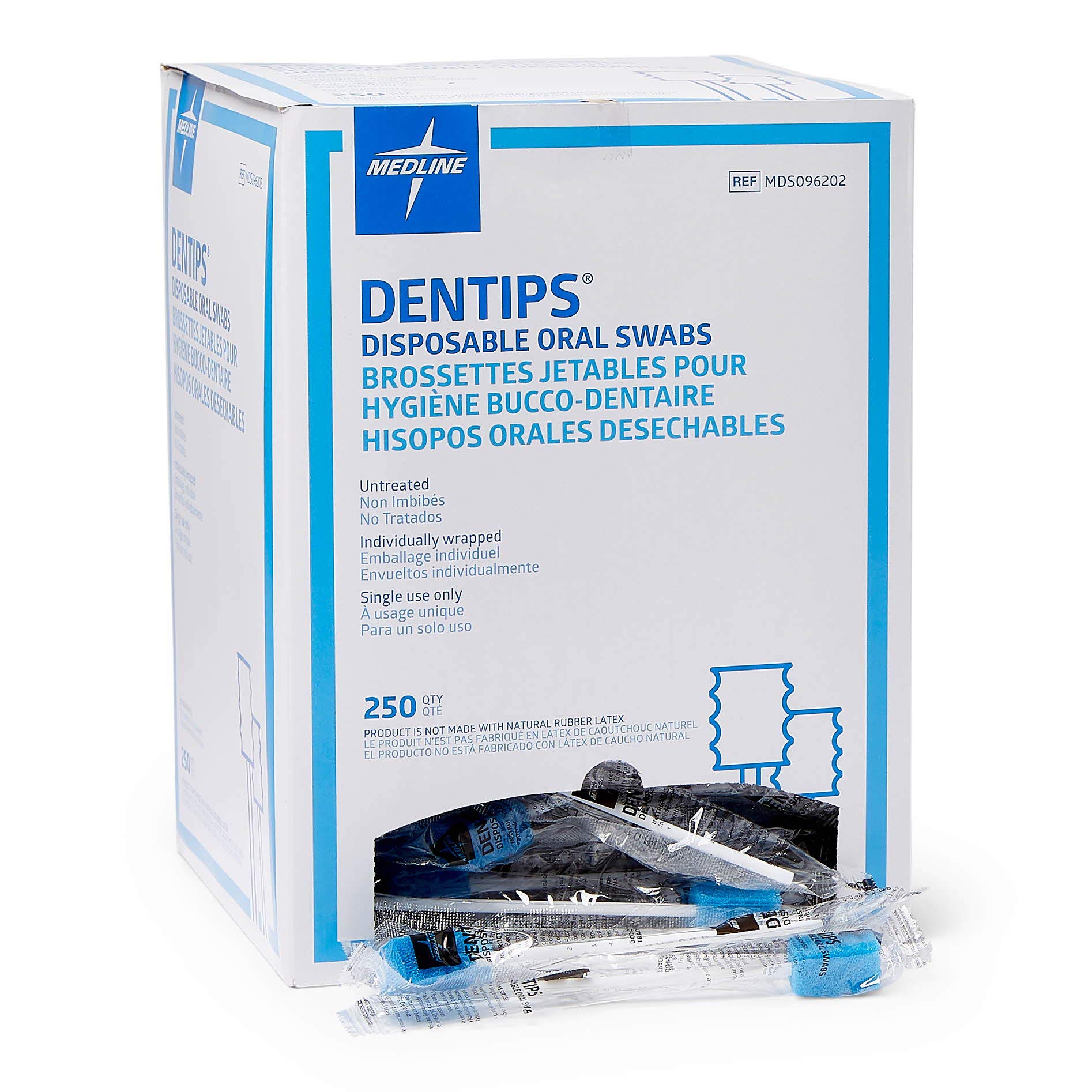 Medline Dentips Disposable Oral Swabsticks, Adult Untreated, Blue, 500 Count