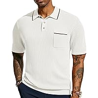 Men's Hollow Texture Knit Polo Shirts Breathable Contrast Shirt Lightweight Golf Shirts with Pocket