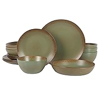 Oprah's Favorite Things - Palermo Sun Double Bowl Stoneware Reactive Glaze Plates and Bowls Dinnerware Set - Cardamom Green, Service for Four (16pcs)