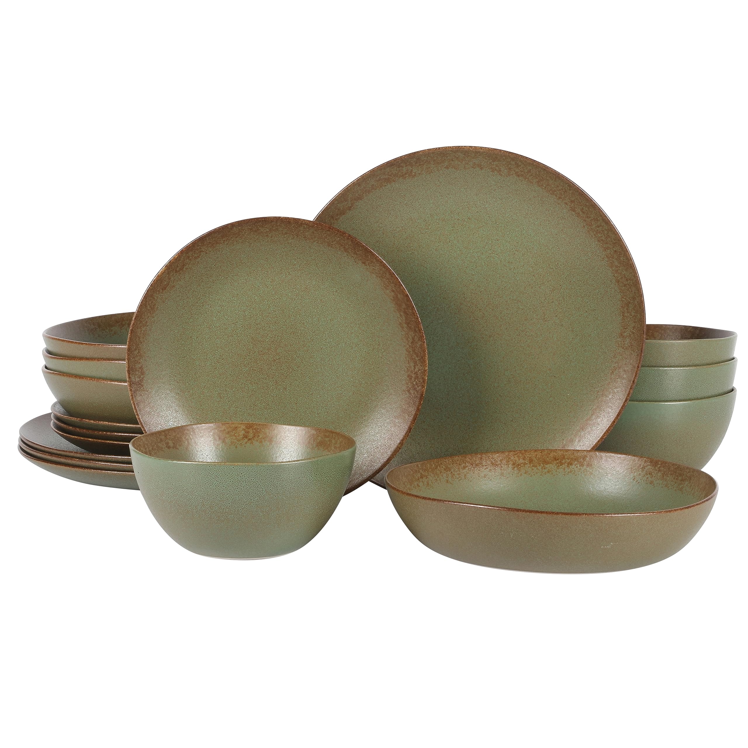 Bloomhouse Palermo Sun 16 Piece Double Bowl Stoneware Reactive Glaze Plates and Bowls Dinnerware Set - Cardamom Green