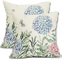 Spring Floral Pillow Covers 20x20 Set of 2 Pink Blue Hydrangea Flowers Butterfly Green Leaf Print Decorative Throw Pillow Cases Outdoor Summer Farmhouse Decor for Sofa Couch Bed