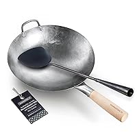 Mammafong Round Bottom 14-inch Traditional Wok with Pre-seasoned spatula - Authentic hand craft wok and wok turner