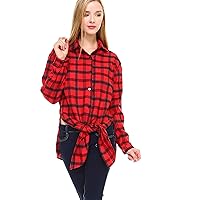 Plaid Flannel Long Sleeve Button Down Shirt Classic fit with Front tie and Side Slits