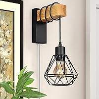 Vintage Industrial Wall Sconce lamp With Plug In Cord, Wooden Beam and Steel Cage Shade Hanging Wall Light Fixture for Bedroom, Living Room, Match with Modern Retro Farmhouse Decoration (NO Bulb)