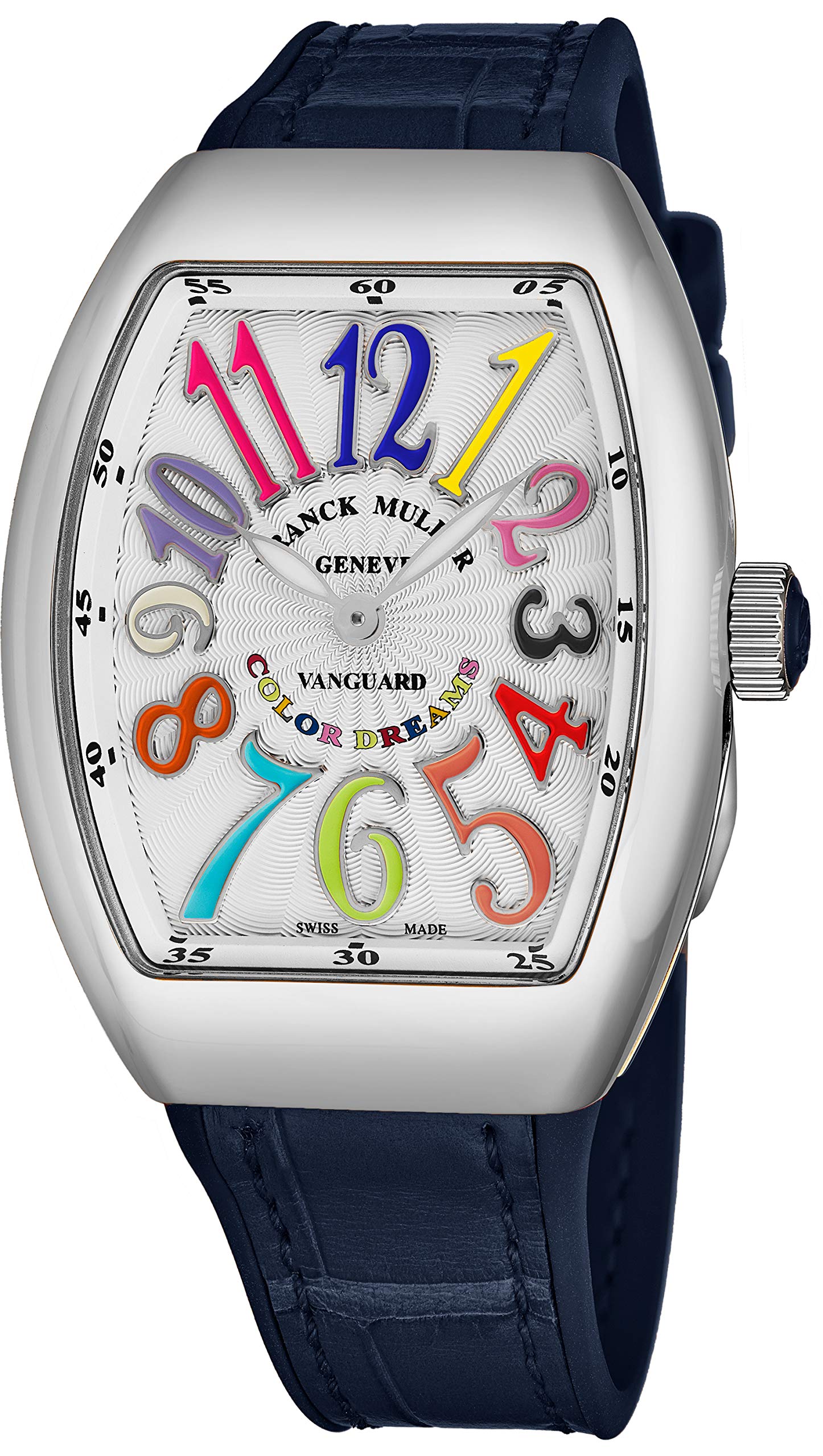 Franck Muller Vanguard Color Dreams Womens Swiss Quartz Watch - Tonneau Silver Face with Luminous Hands and Sapphire Crystal - Blue Leather/Rubber Strap Ladies Watch V 32 SC at FO COL DRM