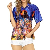 HAPPY BAY Women's Hawaiian Blouse Dresses Button Down Summer Vintage Shirt Short Sleeve Dress Shirts Halloween Tops for Women M Haunted Tree, Night Blue