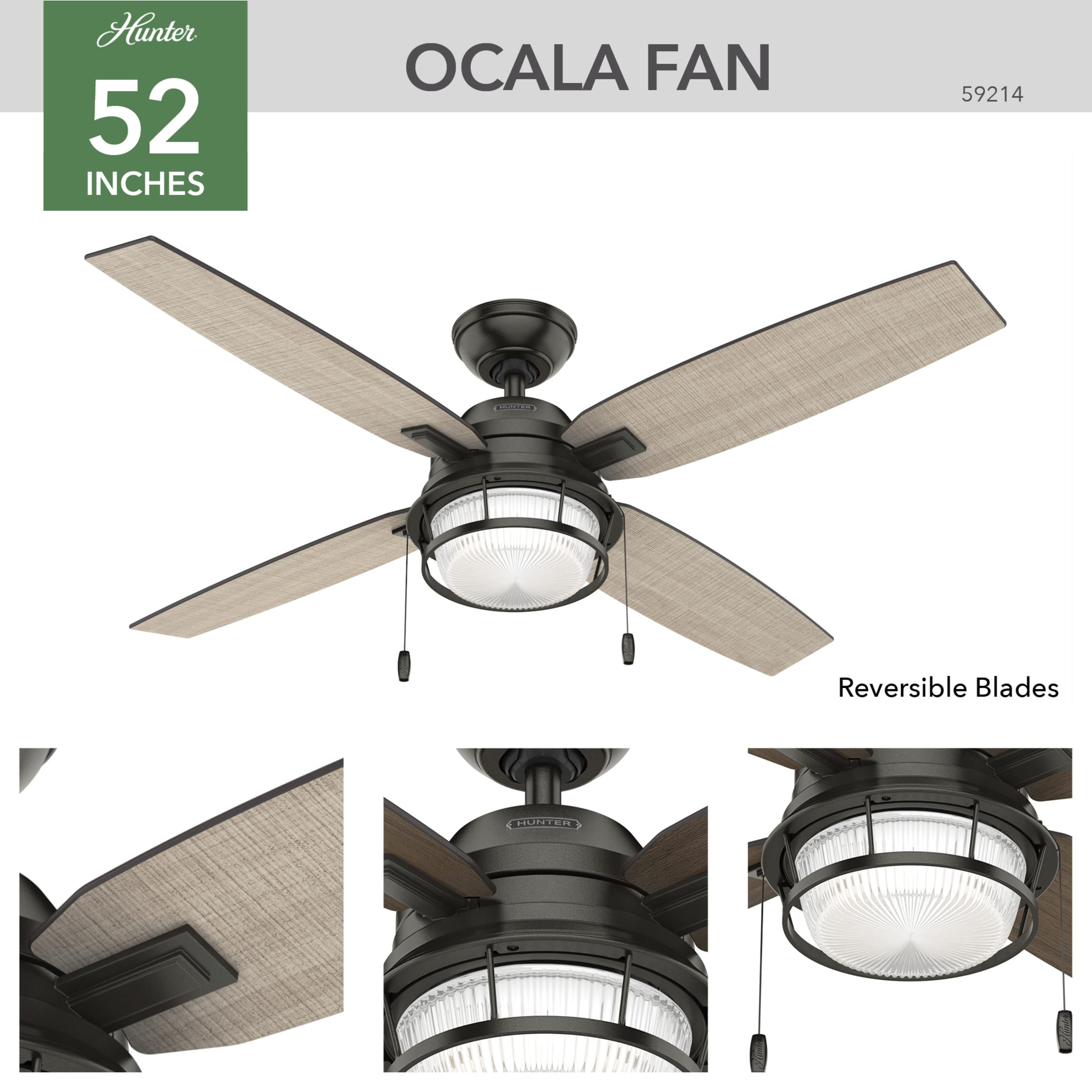 Hunter Fan Company, 59214, 52 inch Ocala Noble Bronze Indoor / Outdoor Ceiling Fan with LED Light Kit and Pull Chain