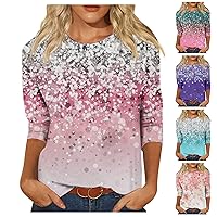3/4 Sleeve Length Tops for Women Fashion Spring Shirt Floral Print Round Neck Short Sleeve Blouse for Ladies