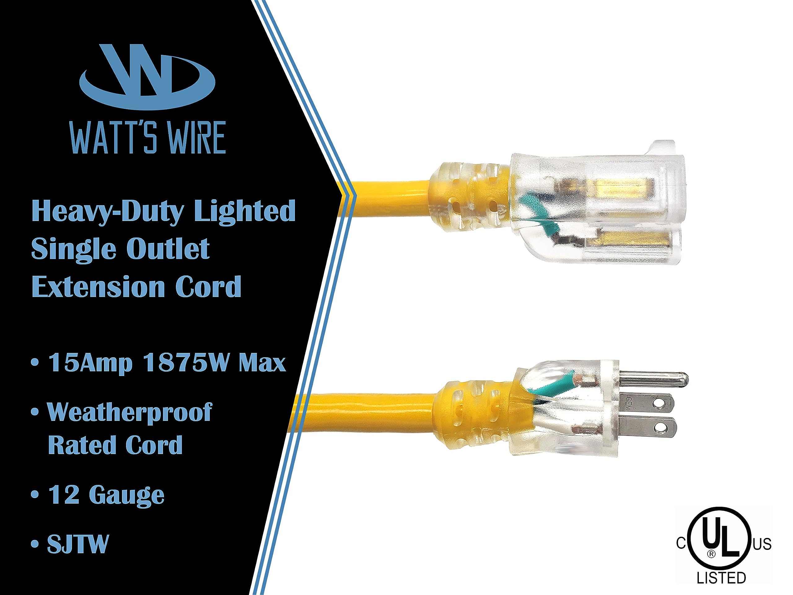 15 ft - GFCI 12 Gauge Heavy Duty SJTW Indoor/Outdoor Yellow Extension Cord by Watt's Wire - 15' 12-Gauge Grounded 15-Amp GFI Power-Cord (15 Foot 12-Awg Yellow GFCI)