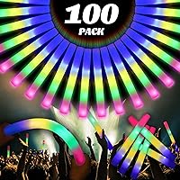 Party Spot! 100 Pcs 18.5 inch Foam Glow Sticks Bulk, 4 Color LED Light Foam Sticks, Glow In The Dark Party Supplies, 3 Modes Colorful Flashing for Birthday Wedding Easter Halloween