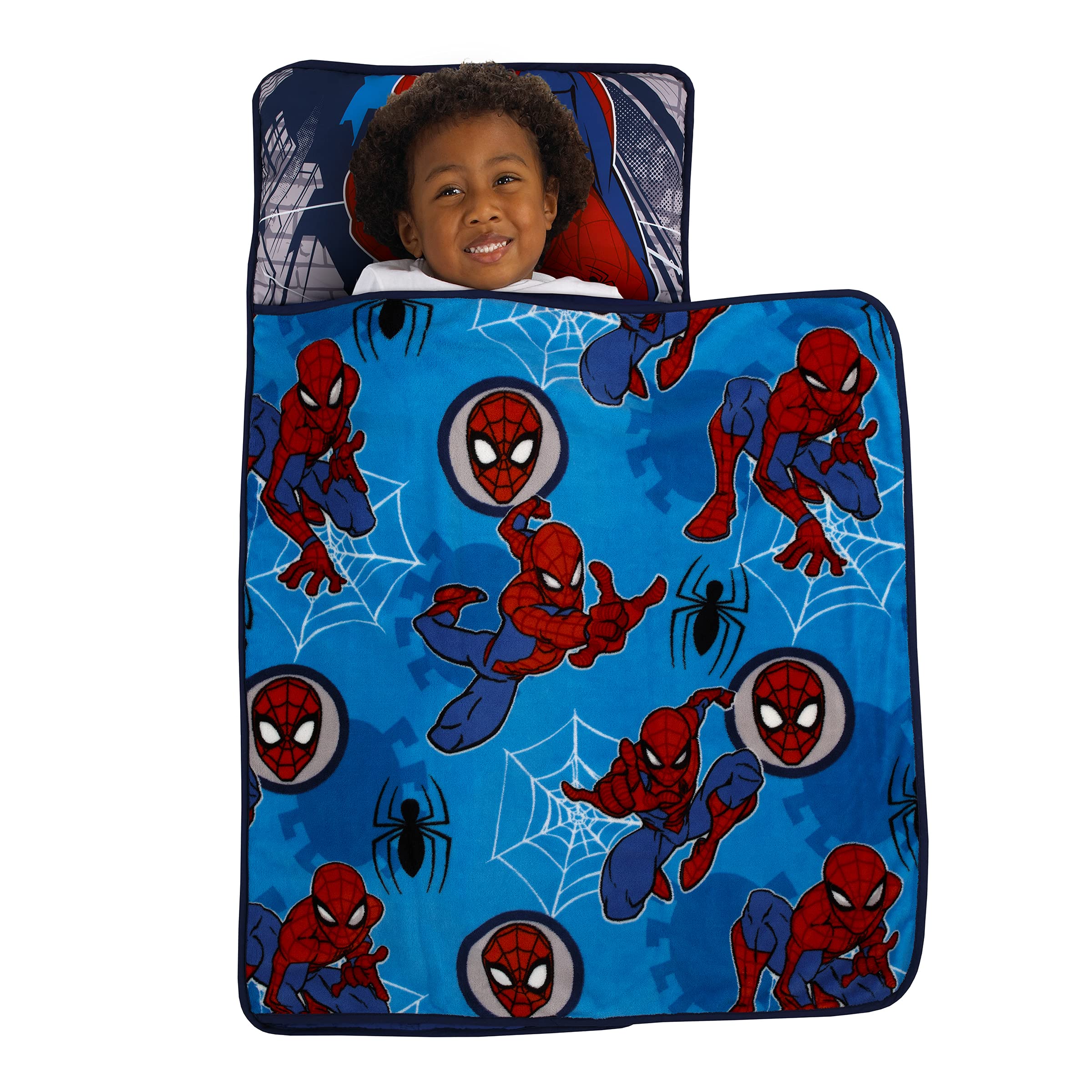 Disney Marvel Spiderman Wall Crawler Red, White, and Blue Spider Webs Preschool Toddler Nap Mat