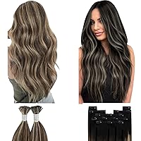 Bundles - 2 Items: YoungSee Clip in Hair Extensions Real Human Hair Ombre Black to Silver Grey Clip in Human Hair Extensions 22 inch and I Tip Human Hair Extensions Brown with Blonde Highlight 24 inch