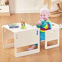 FUNLIO Montessori Weaning Table and Chair Set for Toddlers Age 1-3, Height Adjustable Toddler Table and Chair Set, Cube Kids Table Chair for Reading/Eating/Playing, Easy to Assemble - White