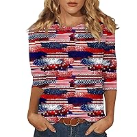 Womens 4Th Of July Tops Trendy 3/4 Length Sleeves Crewneck Sweatshirts Shirts American Flag Graphic Tees Casual Blouses
