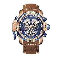 Reef Tiger Men's Military Watches Rose Gold Complicated Blue Dial Watch Automatic Sport Watches RT-W004