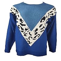 Autumn/Winter Printing Stitching Leopard Print Sweater Long-Sleeved Top Knit Sweater Women Blue X4XL