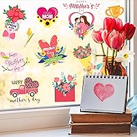 8 Sheets Happy Mother's Day Window Clings PVC Stickers,Pink Static Stickers Mother's Day Rose Tulip Flower Bouquet Love Heart Removable Window Decals Decorations for Mother's Day Mom Birthday Party