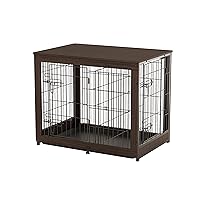 Piskyet Wooden Dog Crate Furniture with Divider Panel, Dog Crate End Table with Fixable Slide Tray, Double Doors Dog Kennel Indoor for Medium Dogs (M:31.8 * 22.1 * 26.3inch,Brown Walnut)