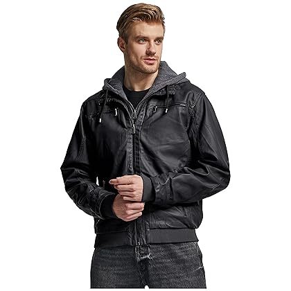 wantdo Men's Faux Leather Jacket with Removable Hood Motorcycle Jacket Casual Warm Winter Coat