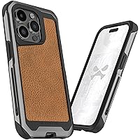 Ghostek Atomic Slim Case for iPhone 15 Pro, Compatible with MagSafe Accessories, Aluminum Frame, Shock Absorbent Phone Cover (6.1 Inch, Gunmetal with Brown Leather)