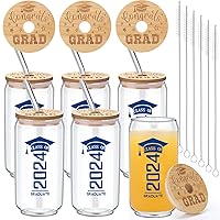 6 Pcs Class of 2024 Graduation Gifts Glass Cup with Bamboo Lids and Glass Straw, 2024 Graduation Gifts for Her Him, 16 oz College Graduation Masters Degree Gift 2024 Can Shaped Cup(Blue)