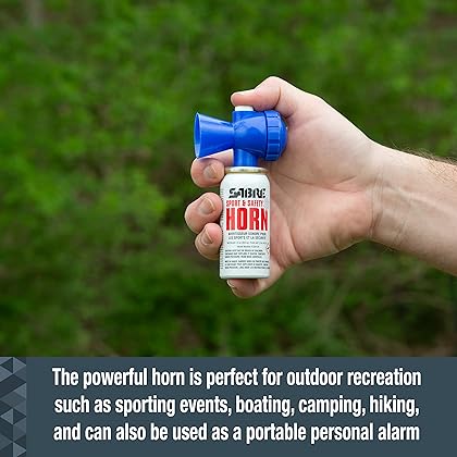 SABRE Sport and Safety Horn, 115 dB Air Horn, 60 ¼ Second or 25 ½ Second Bursts, Audible Up to 1/2-Miles (804-Meters), Perfect for Use at Sporting Events, Boating, Camping, Hiking