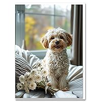 Cavapoo with Flowers All Occasions Greeting Card - Dog with Flowers from Unique Dogs Party Delights Collection - Large 5x7 Inch - Blank Inside with A7 Invitation Style White Envelope