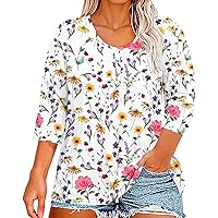 Womens 3/4 Sleeve Tops Plus Size Summer Outfit Henley Button Down Dressy Tops Spring V Neck Color Block Graphic Shirt