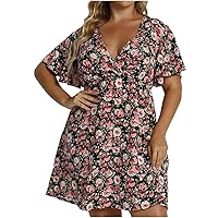 Women's Stripe Print Chiffon Dress V Neck Ruffle Short Sleeve Casual Dress Loose Beach Large Size Dresses for Summer