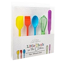 C.R. Gibson Kids in The Kitchen Oil Brush, Spoon, Whisk, Long, Standard Spatula Silicone Utensil Set, Multicolor