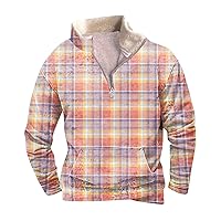 Mens 1/4 Zip Sweatshirt Mock Neck with Fleece Pullover Comfy Plaid Print Polo Sweatshirts Pullover Outdoor Tops
